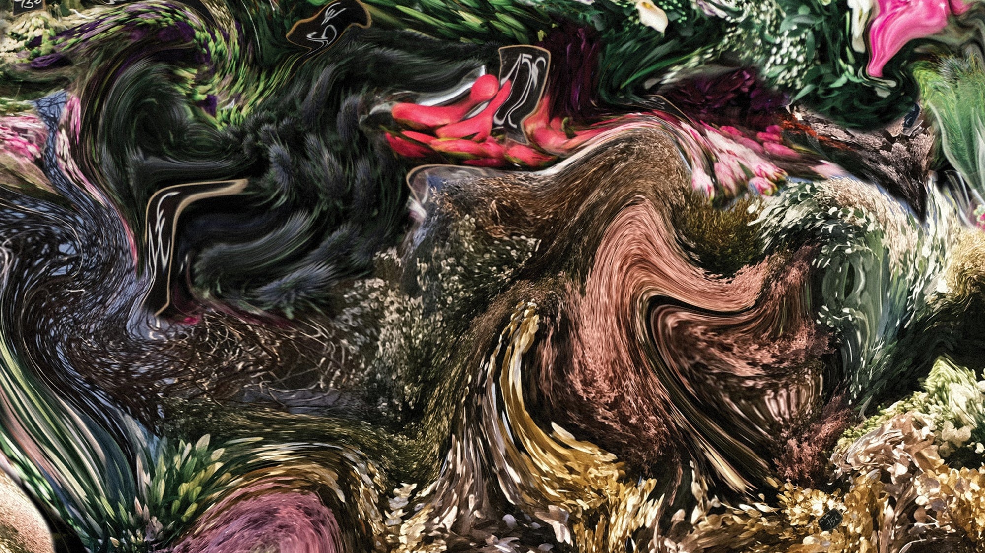 Warped fabric print of a floral market