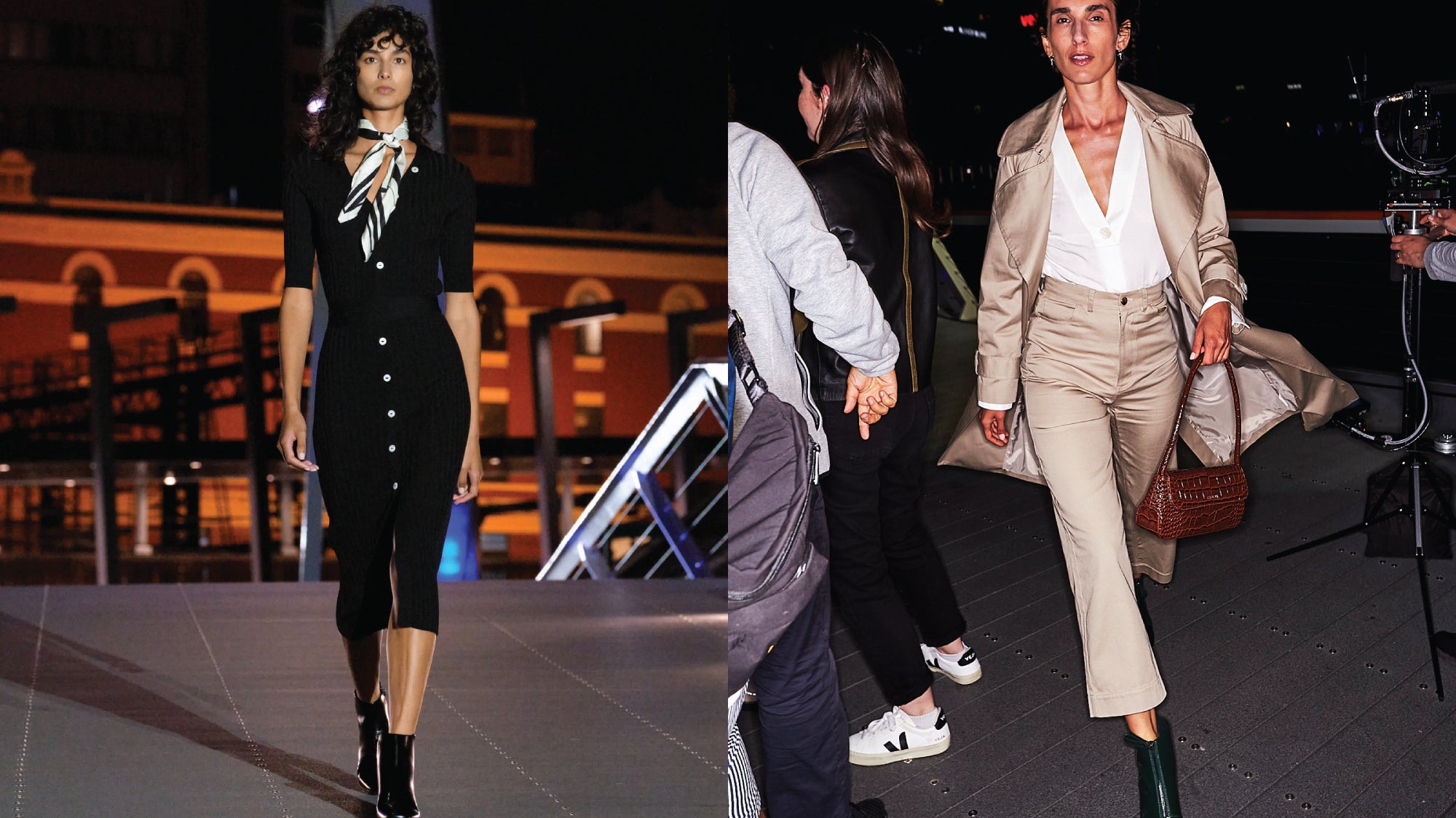 People walking down a runway at night on a Melbourne City bridge