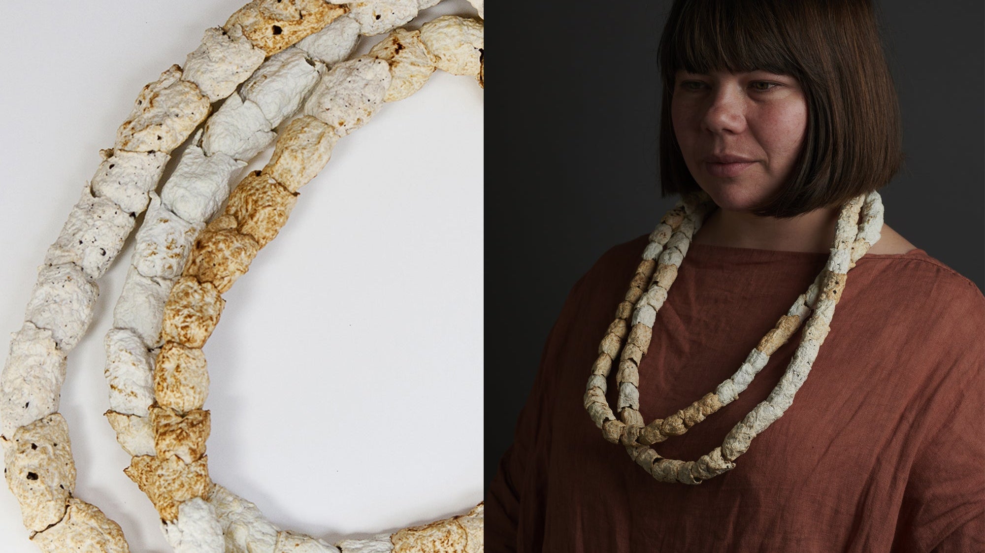 Collage of a person wearing a necklace, and a close up image of the necklace.