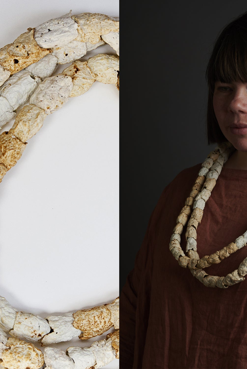 Collage of a person wearing a necklace, and a close up image of the necklace.