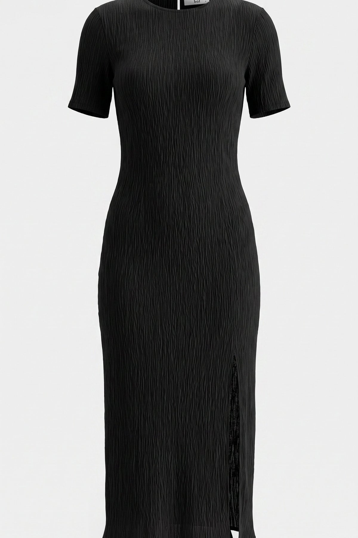 Short sleeve black dress with side slit on light grey background
