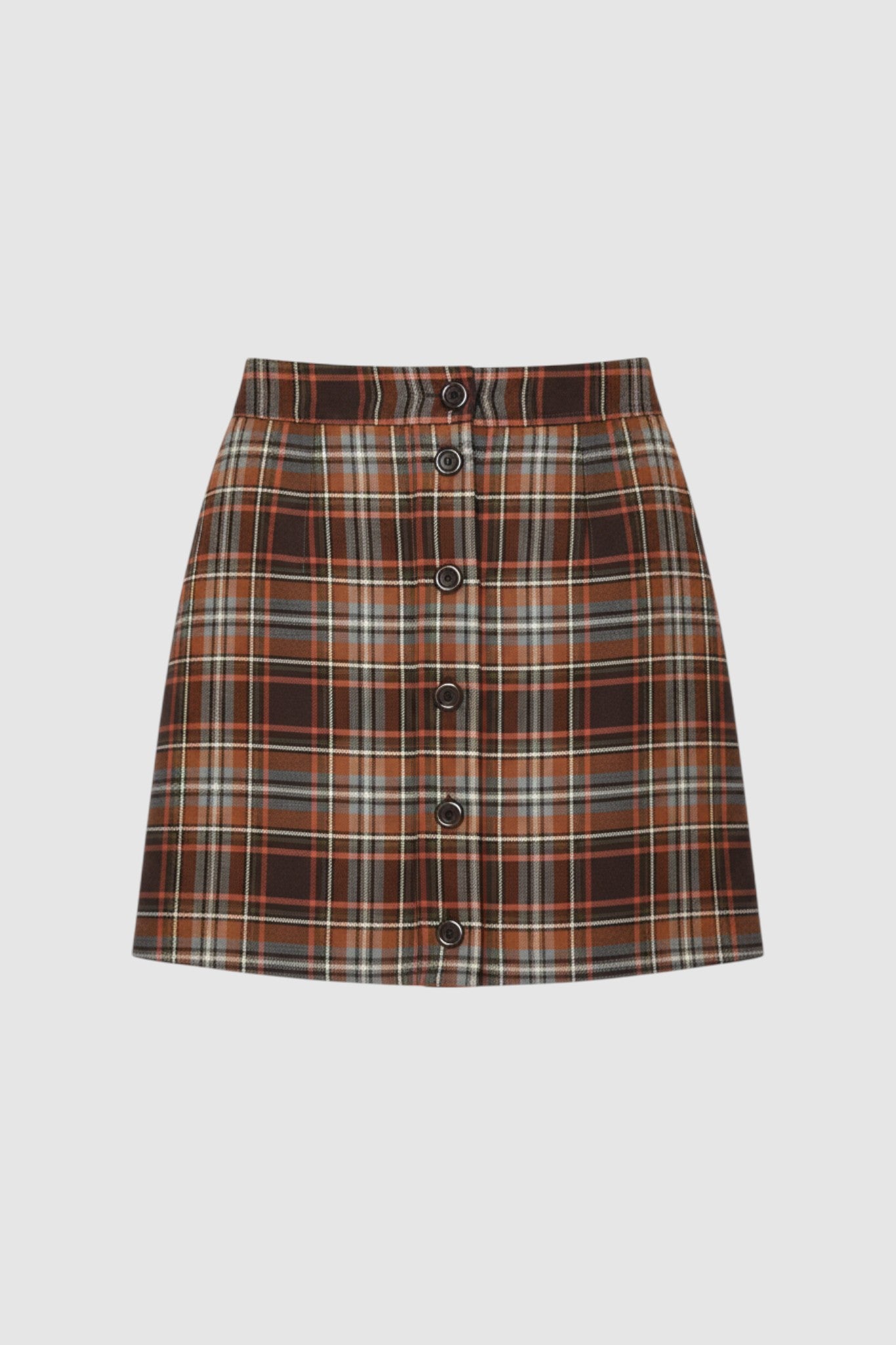 Woman wearing brown check mini skirt