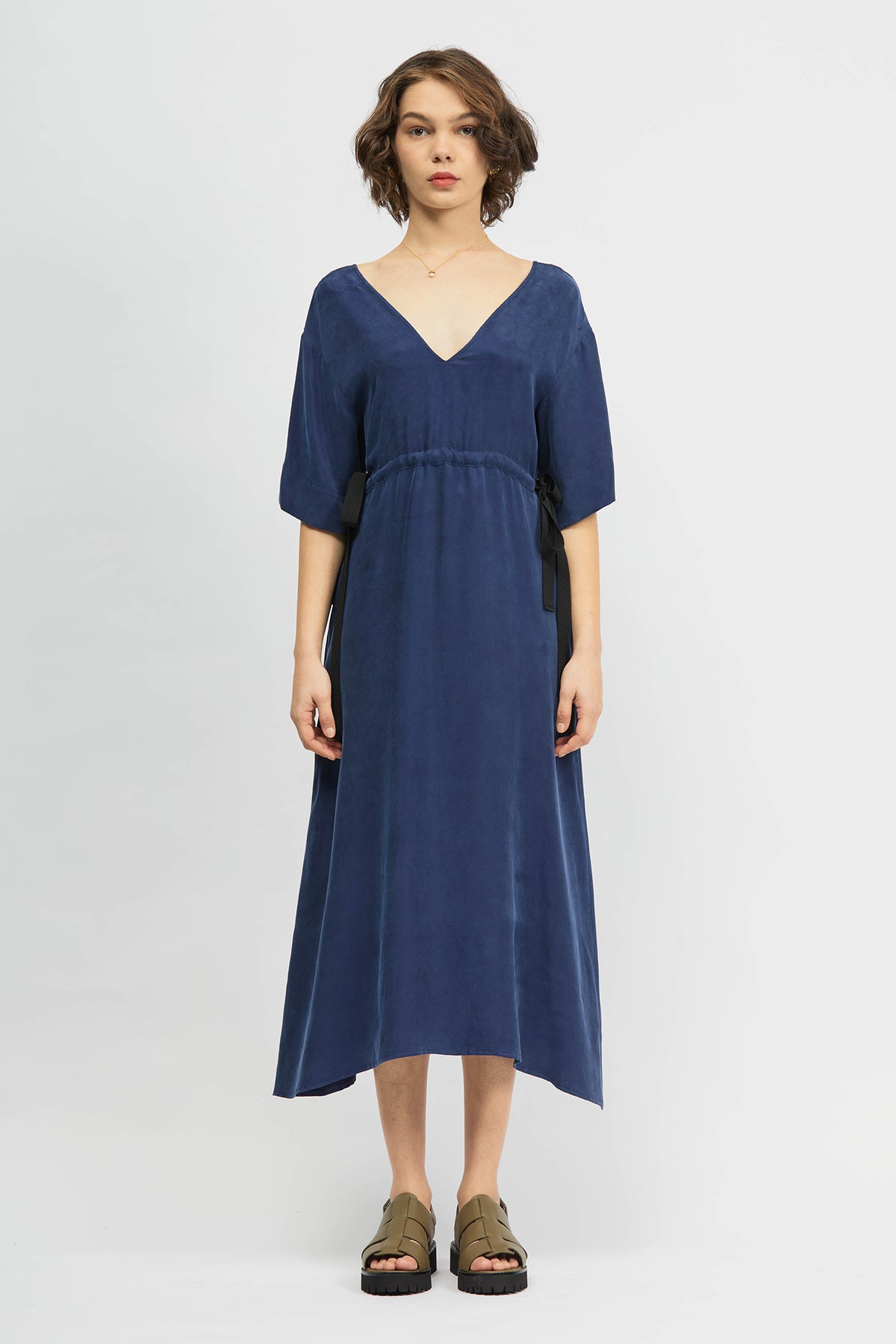 Woman wearing navy dress
