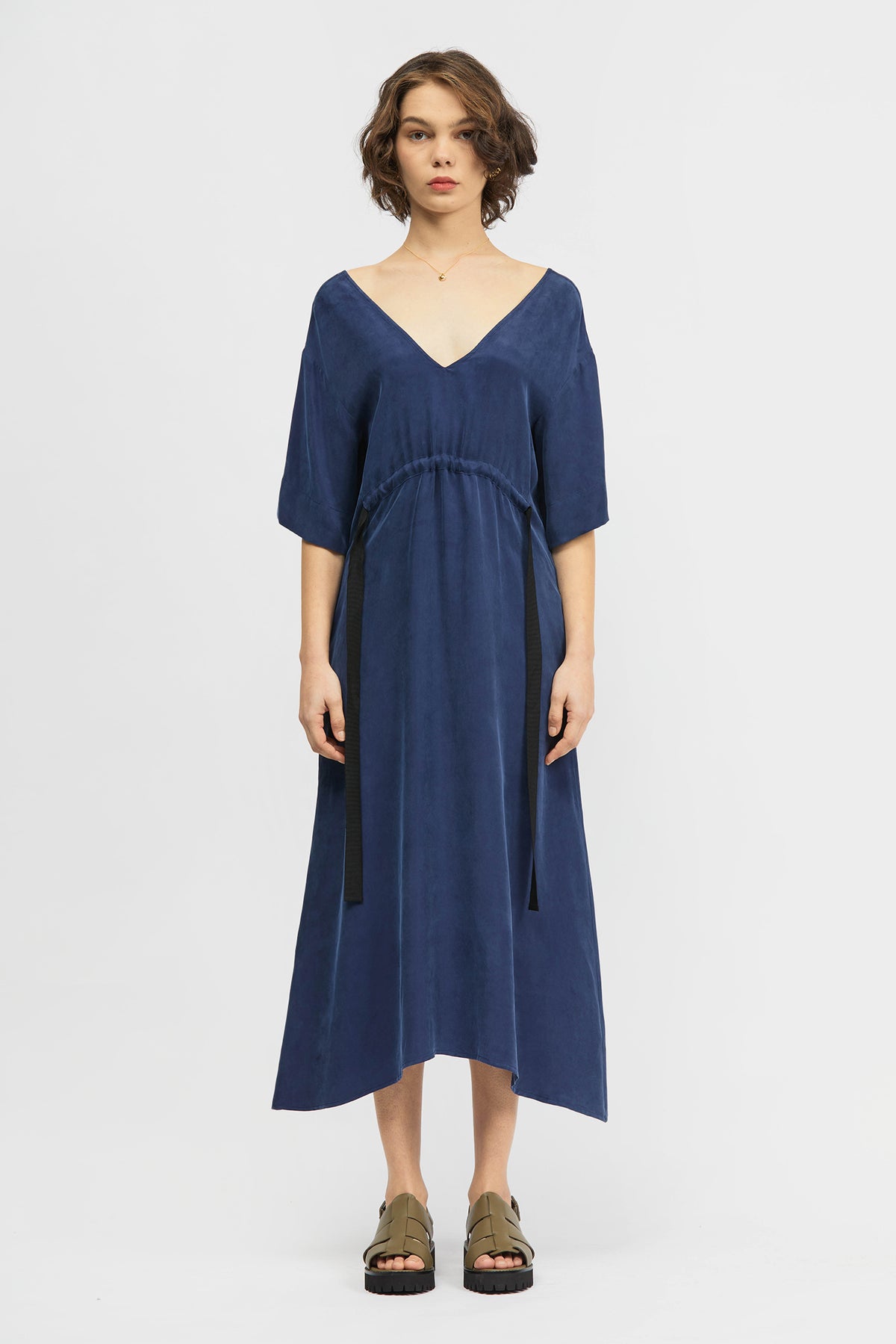 Woman wearing navy dress