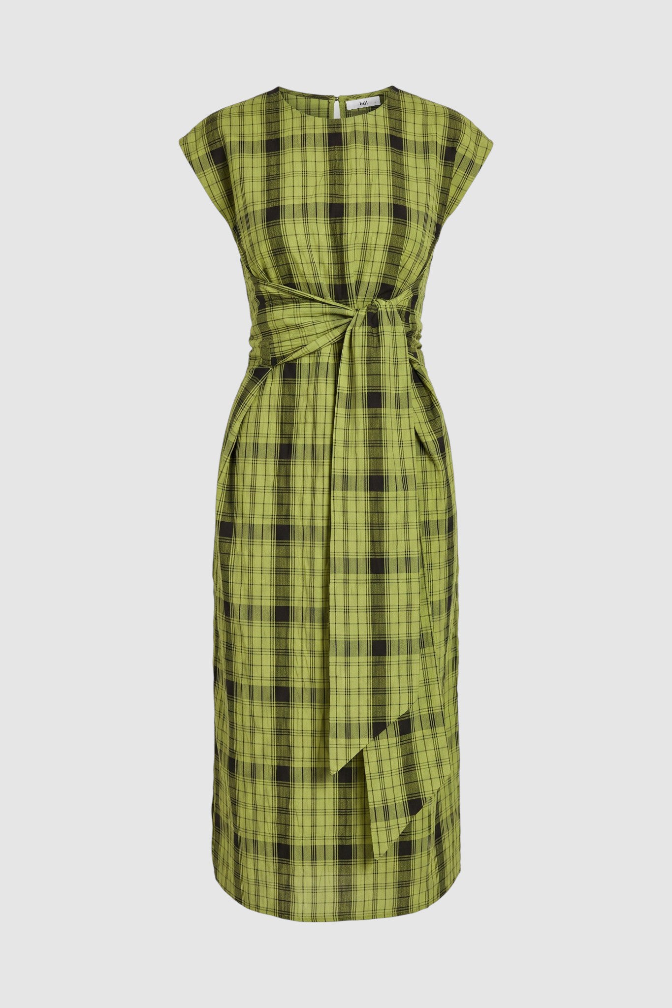 Image of olive and black check dress with tie waist detailing