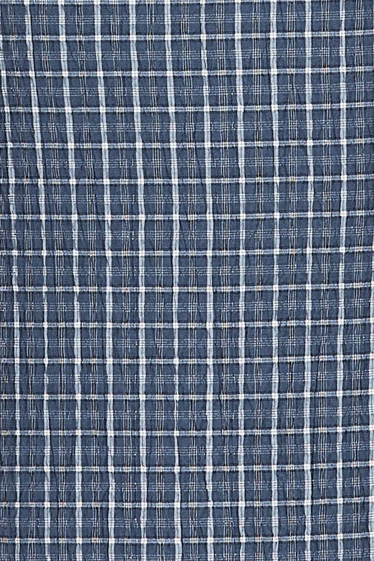 Fabric swatch of blue and white check fabric of the dress