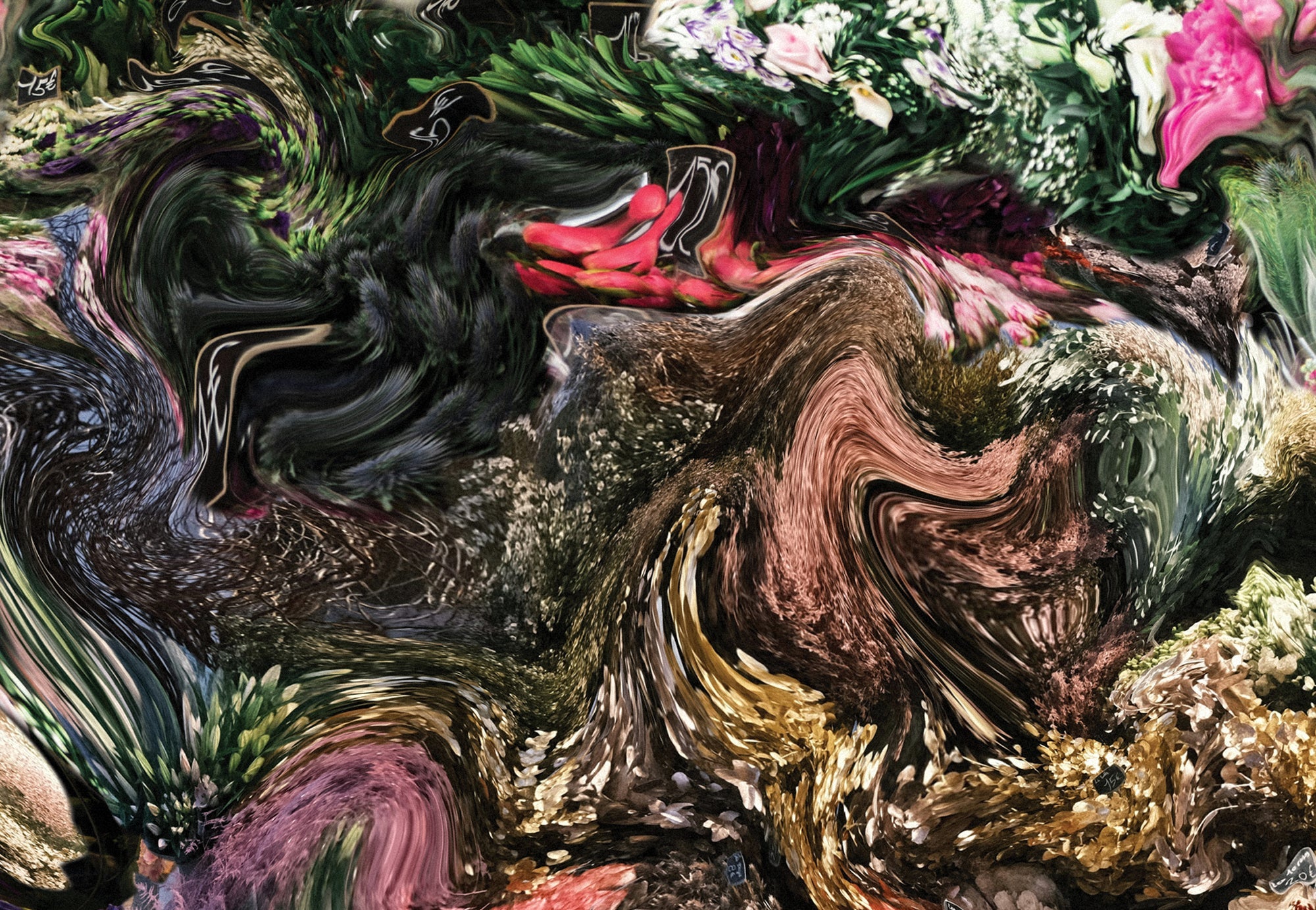 Warped fabric print of a floral market