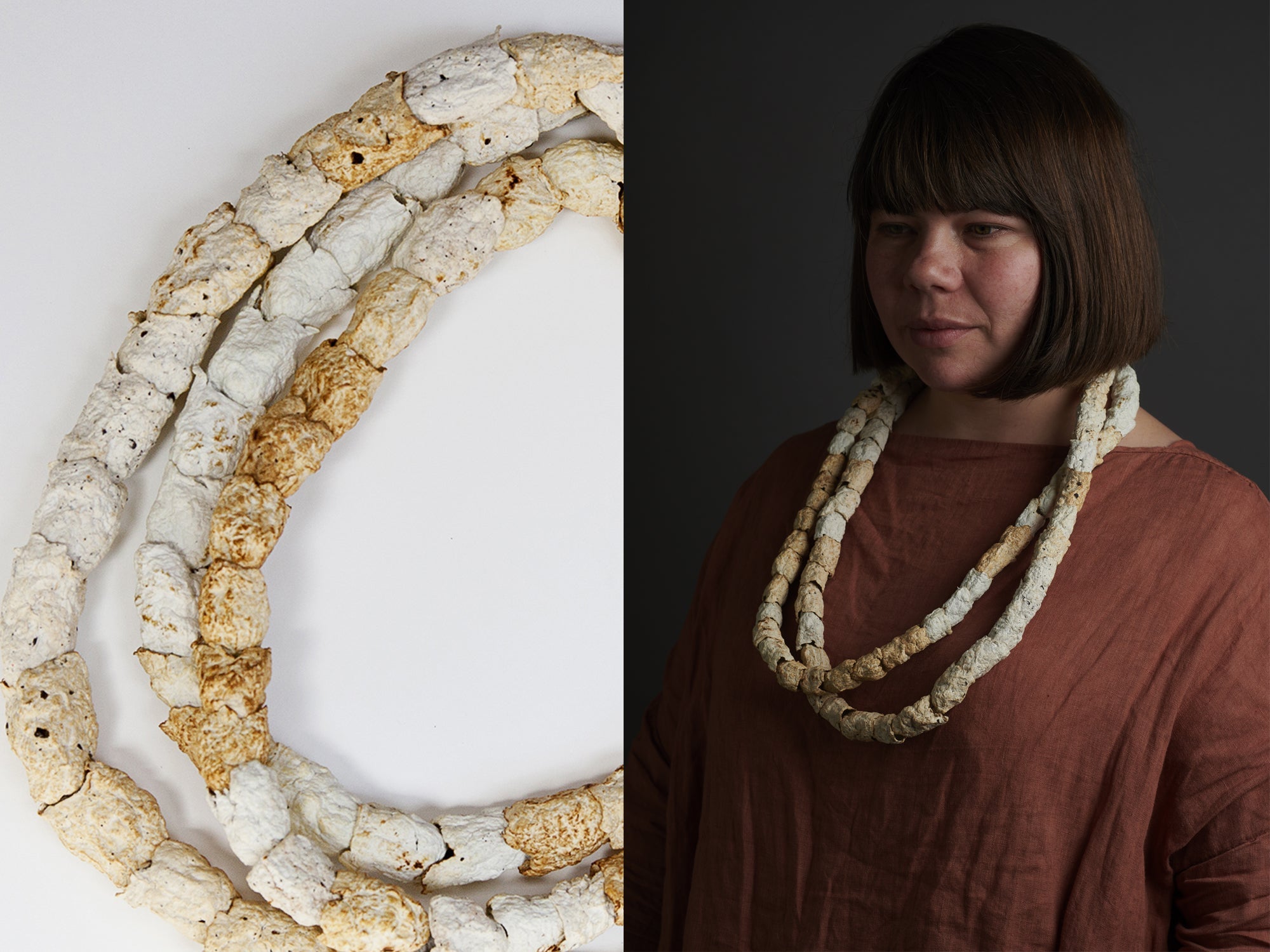 Collage of a person wearing a necklace, and a close up image of the necklace.