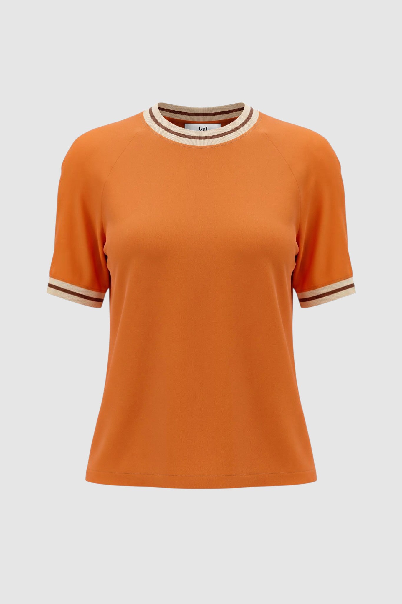 Image of the orange top with stripe detailing along neckline and armholes