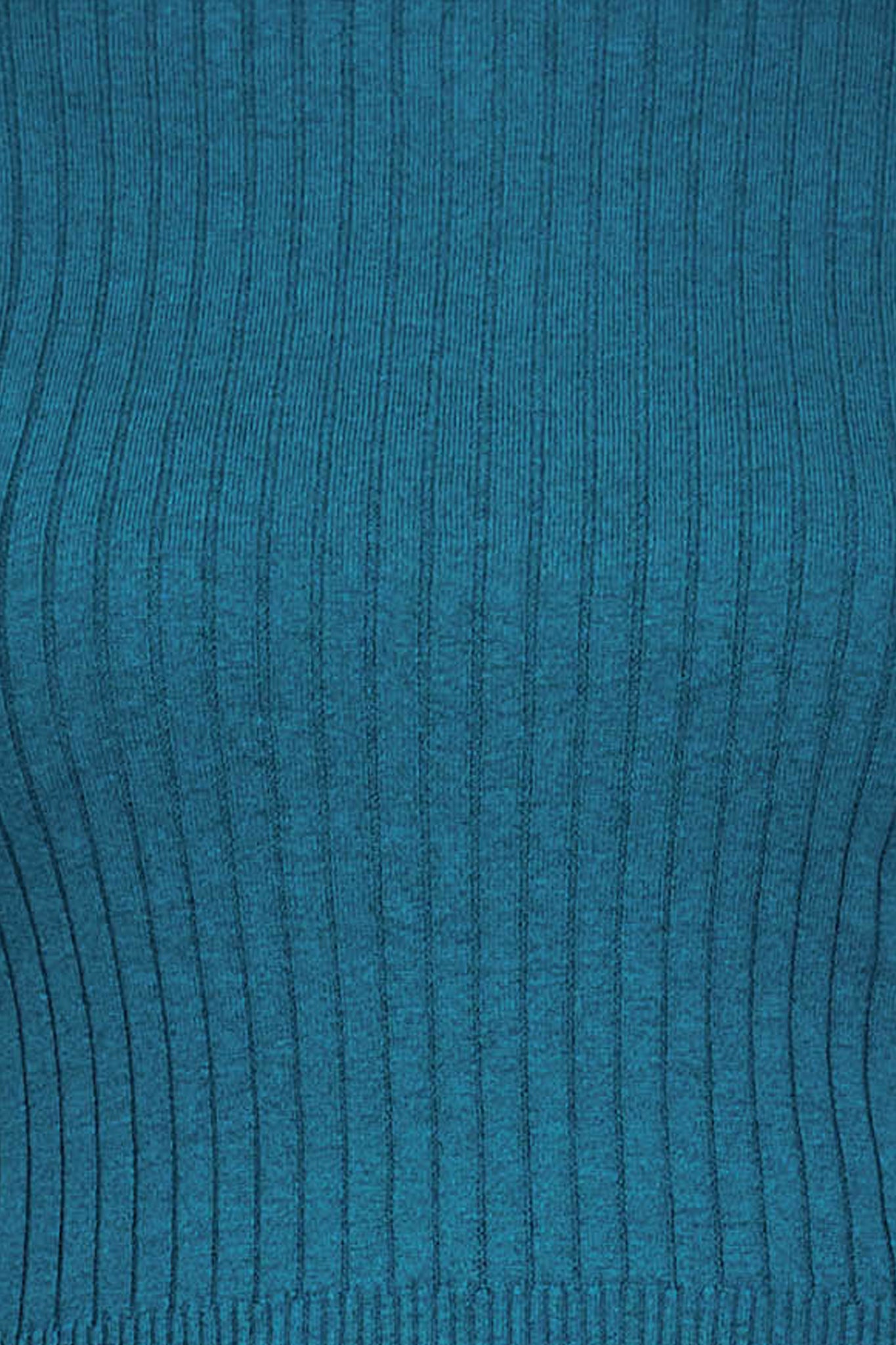 Fabric swatch of a teal ribbed knit mock neck top