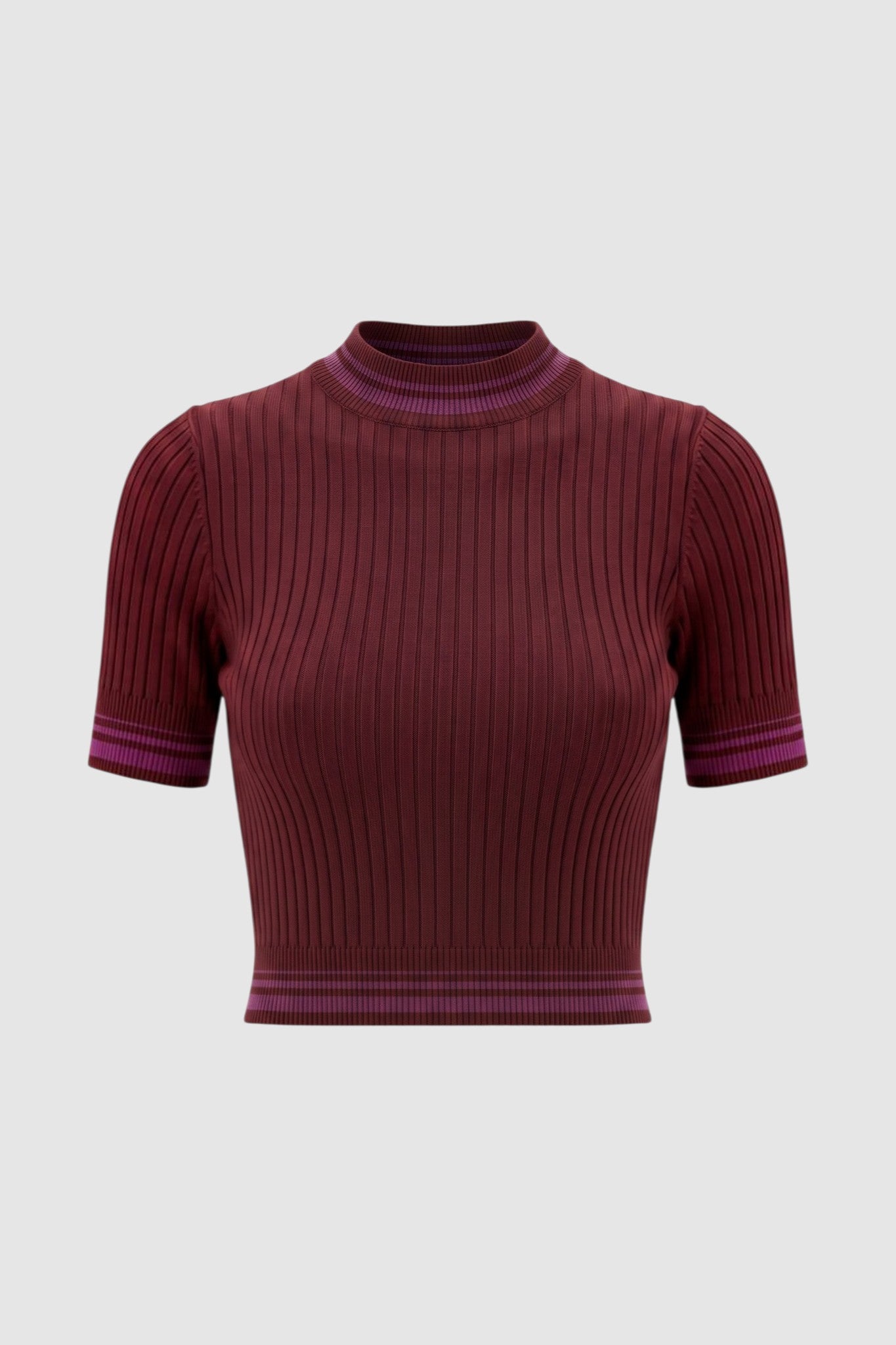 Silo image of short-sleeved ribbed knit top in burgundy