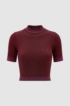 Silo image of short-sleeved ribbed knit top in burgundy