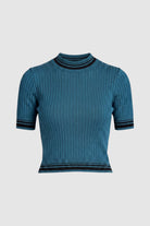 Silo image of a teal short-sleeve ribbed knit mock turtle neck top with black stripes at the collar, sleeve cuffs, and hem, paired with a black skirt, against a light gray studio background.