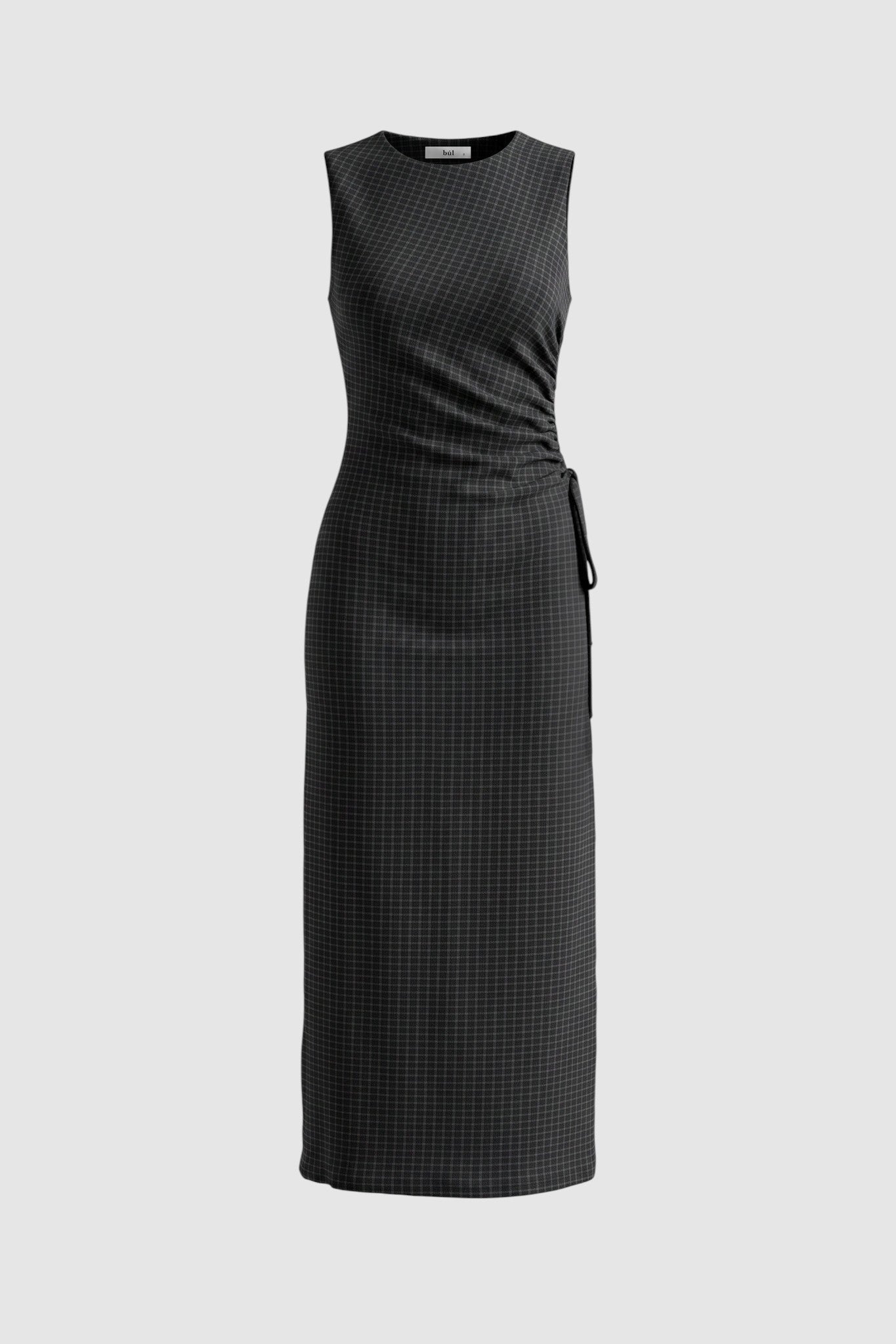 Image of the black and navy check dress with waist tie detailing