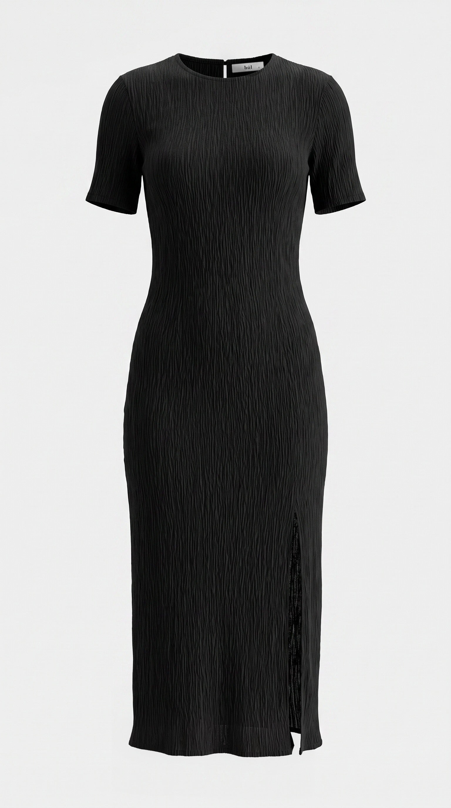 Short sleeve black dress with side slit on light grey background