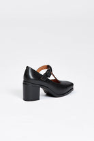 Black block heel shoe with buckle enclosure