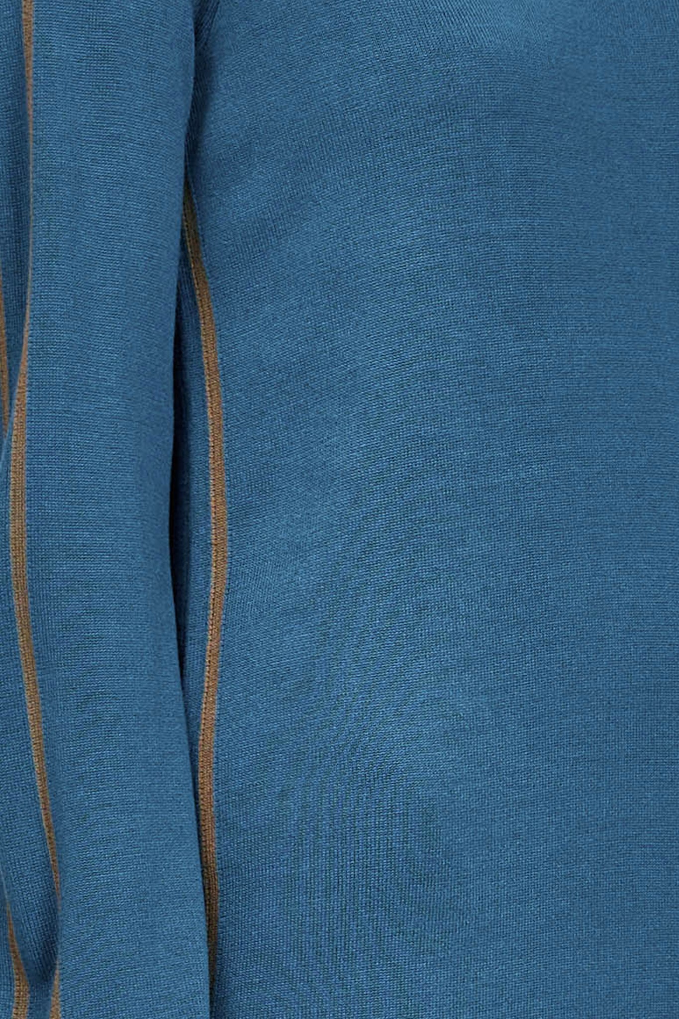 Fabric swatch image of a slate blue long-sleeve knit dress with brown side stripe detailing