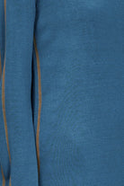 Fabric swatch image of a slate blue long-sleeve knit dress with brown side stripe detailing