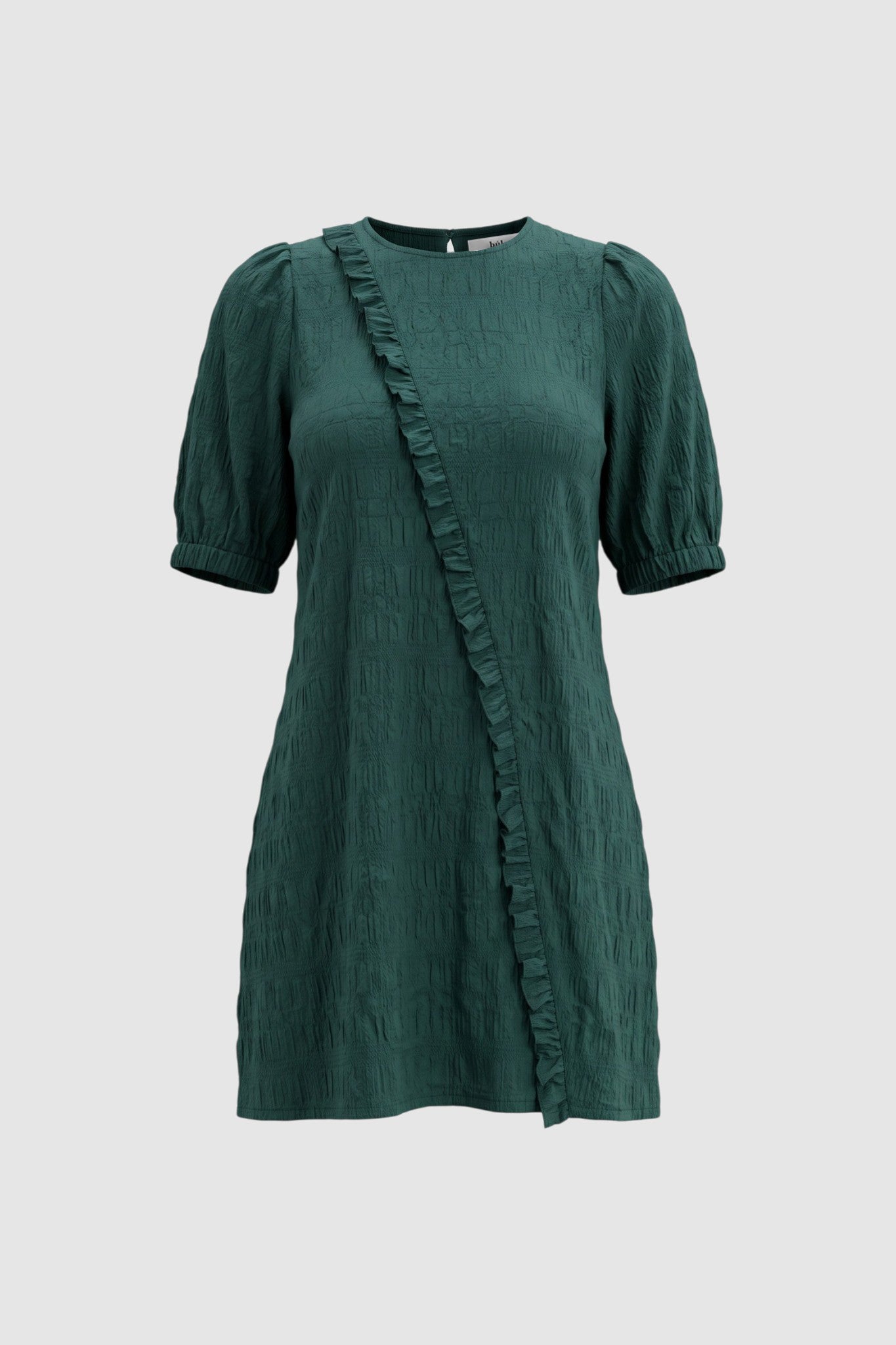 Green mini dress with ruffle detailing on grey background