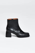 Black leather ankle boot with a block heel