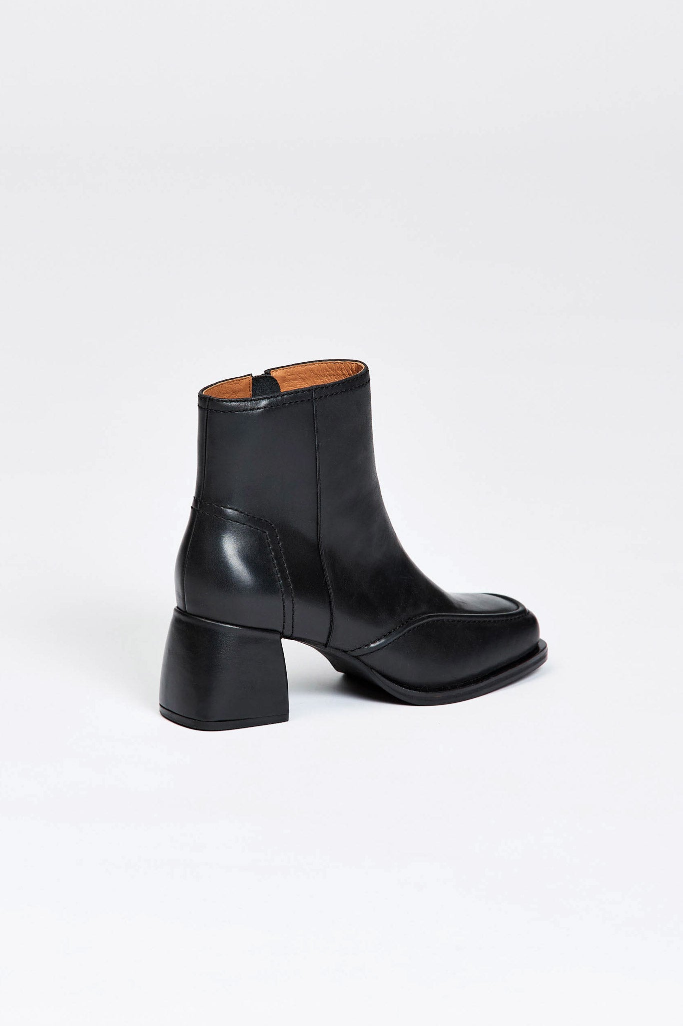 Black leather ankle boot with a block heel