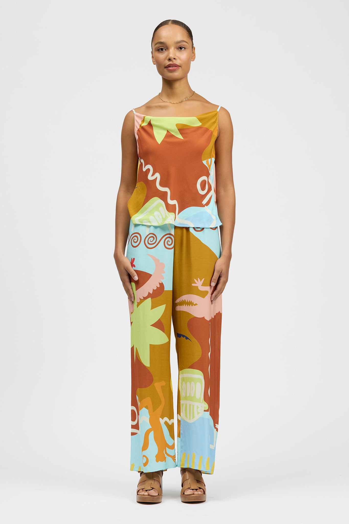 Woman wearing lightweight pants in colourful print