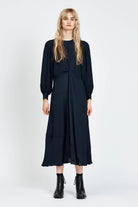 Model wearing a navy long sleeve midi dress
