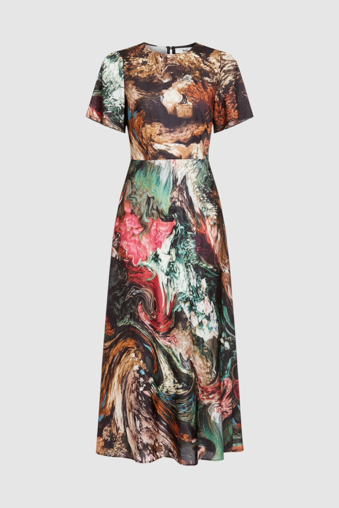 Model wearing a short sleeve floral dress in midi length