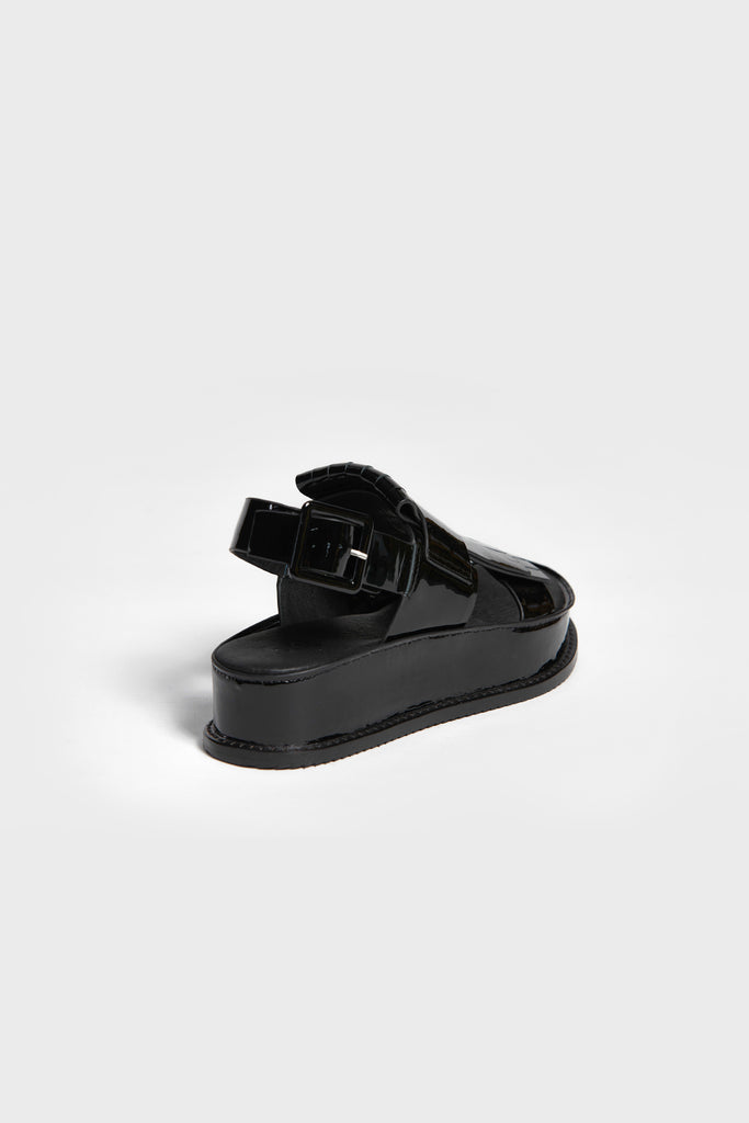 Ha Sandal Black Patent Platform Shiny Leather Back