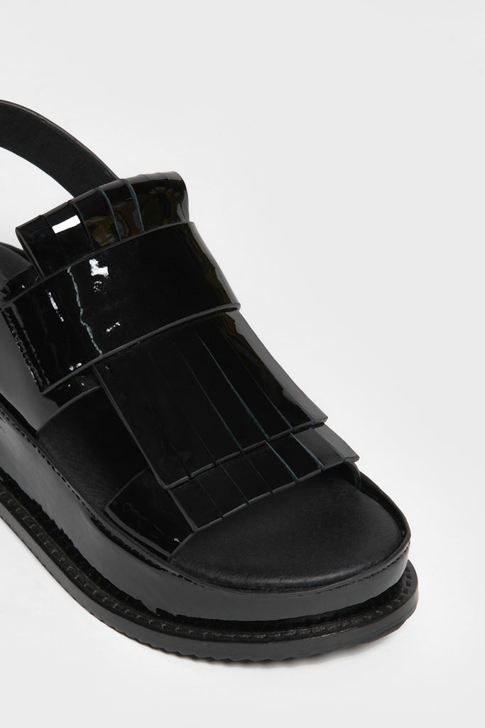 Ha Sandal Black Patent Platform Shiny Leather Front Close Up