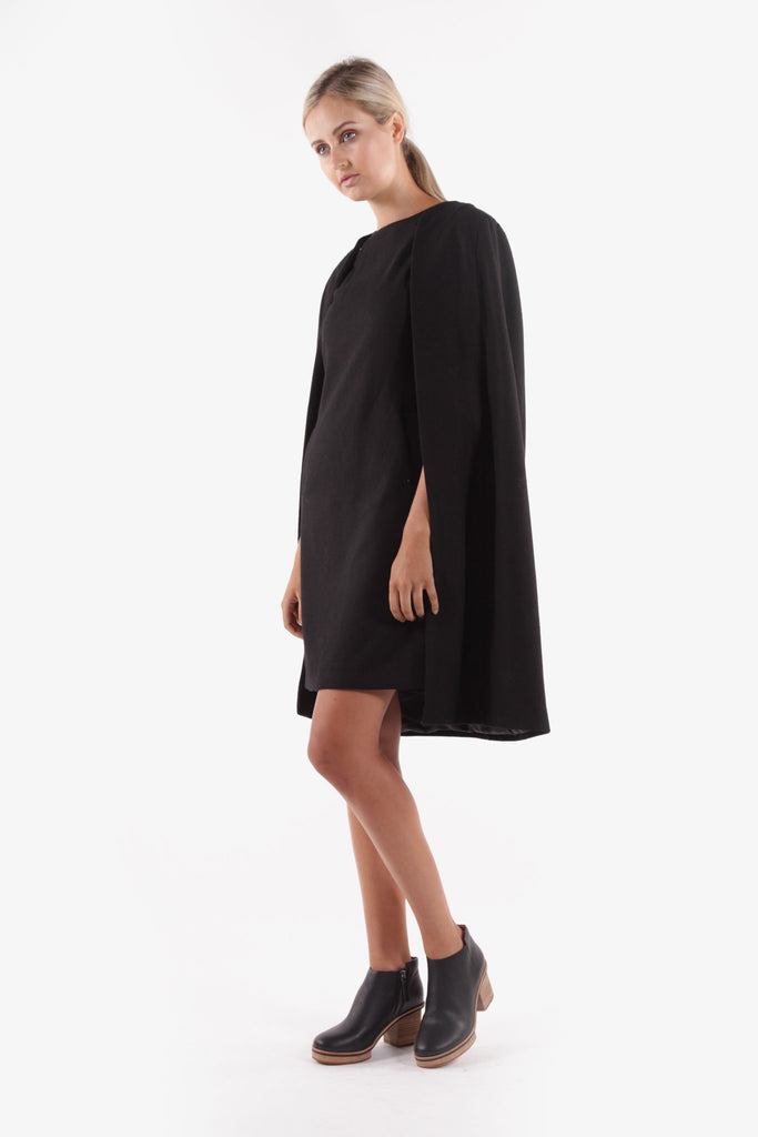 Morg Dress Black with Detachable Cape Side