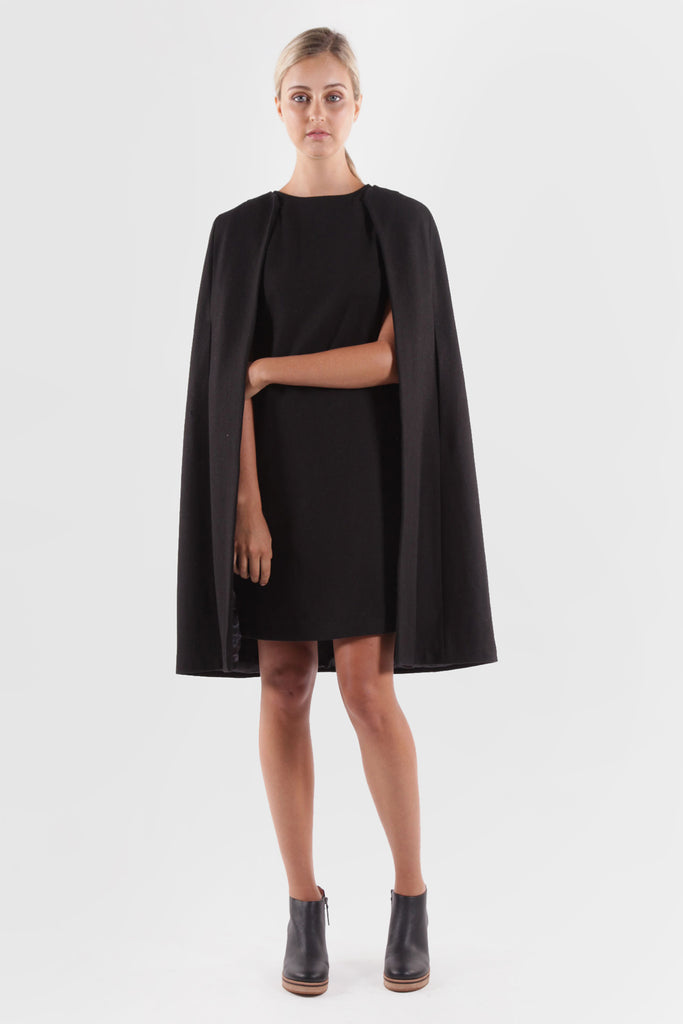 Morg Dress Black with Detachable Cape Front